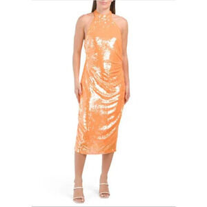 Caroline Constas Orange Sequin Halter Midi Dress M Fairy Ethereal Statement‎